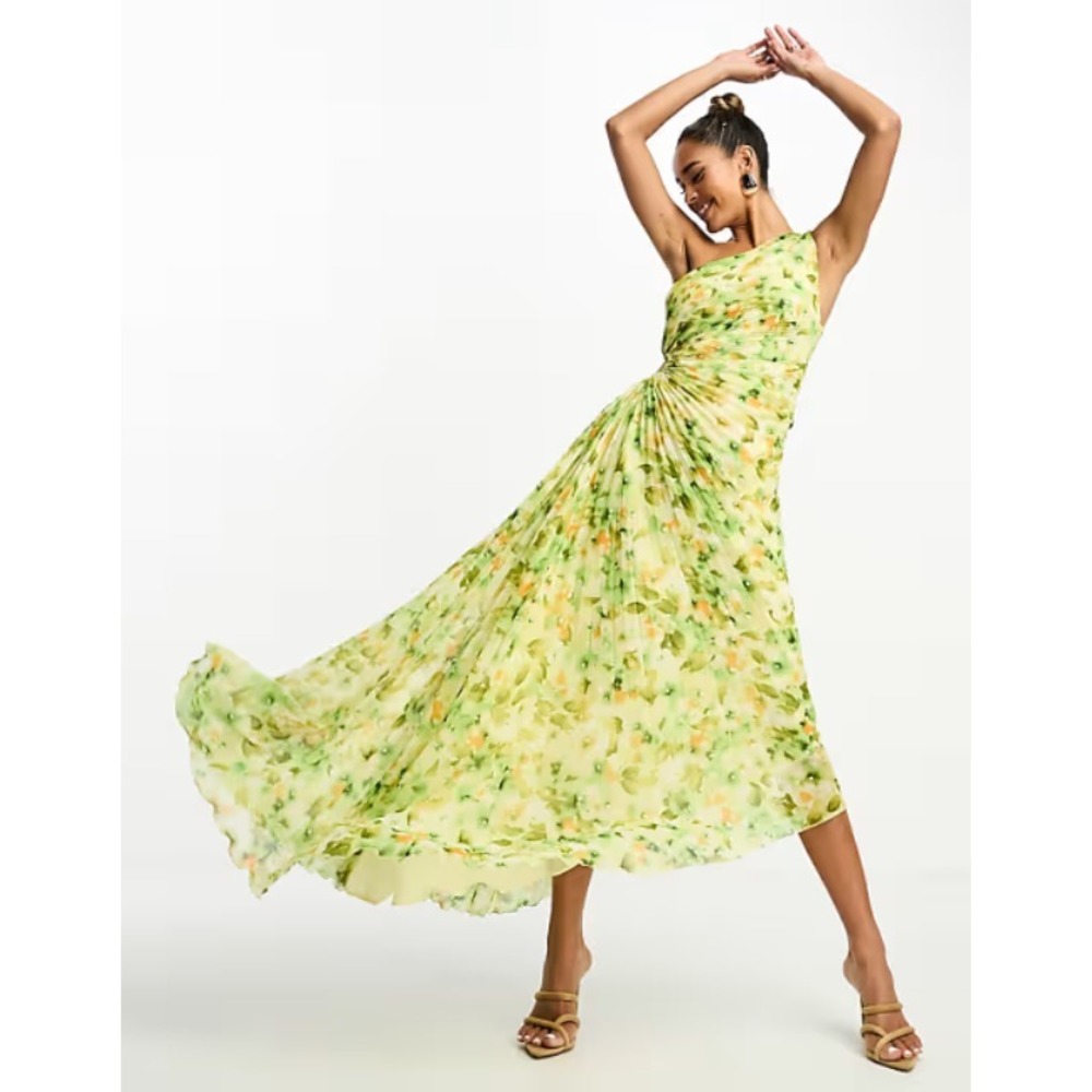 Mango Premium Asymmetric Floral Midi Dress With Cut Out Detail In Yellow Size 6